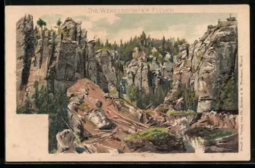 Lithographie Teplice nad Metují, Die Wekelsdorfer Felsen, Amphitheater