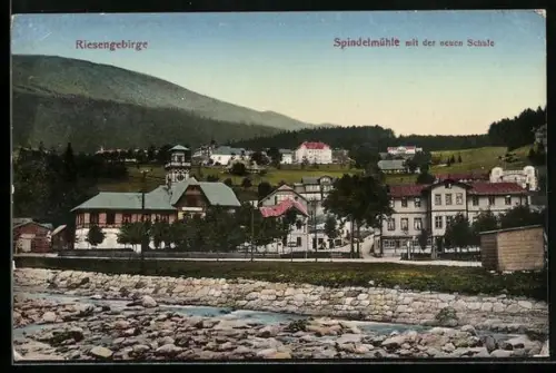 AK Spindelmühle /Riesengebirge, Teilansicht mit der neuen Schule