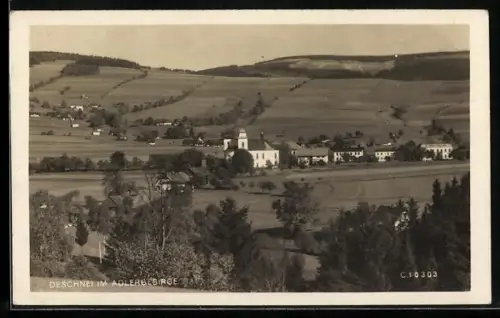 AK Deschnei im Adlergebirge, Ortspartie mit Kirche