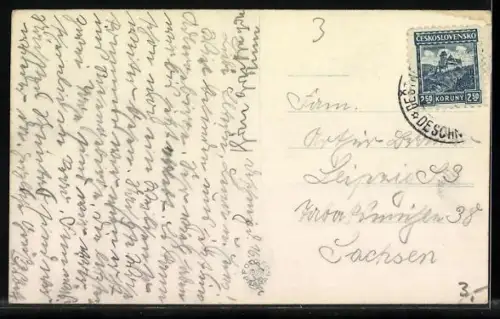 AK Deschnei im Adlergebirge, Ortspartie mit Kirche