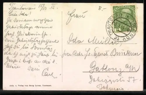 AK Trautenau, Panorama mit Denkmal