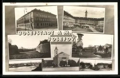 AK Josefov n. M., Kirche, Brunnen, Uferpartie
