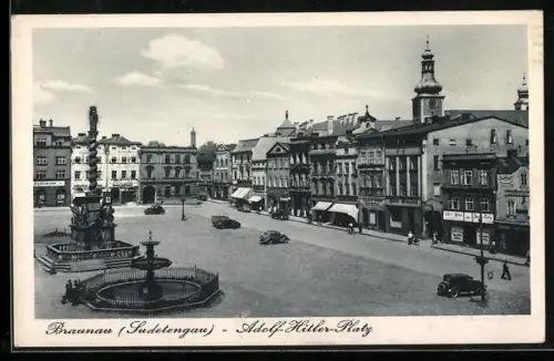 AK Braunau /Sudetengau, Platz mit Denkmal