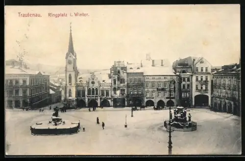 AK Trautenau, Ringplatz im Winter