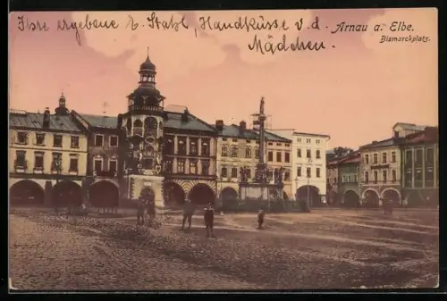 AK Arnau a. Elbe, Bismarckplatz mit Denkmal