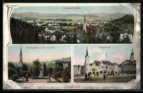 AK Trautenau, Gesamtansicht, Stadtpark und Evangelische Kirche, Ringplatz