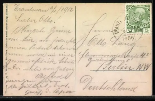 AK Trautenau, Gesamtansicht, Stadtpark und Evangelische Kirche, Ringplatz