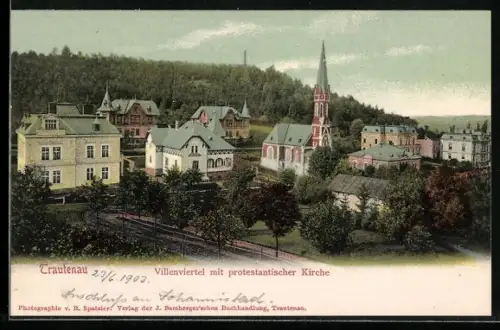 AK Trautenau, Villenviertel mit protestantischer Kirche