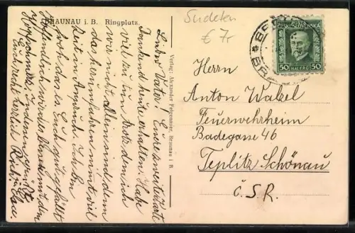 AK Braunau i. B., Ringplatz mit Denkmal