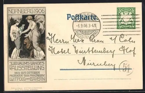Künstler-AK Nürnberg, Jubiläums-Landes-Ausstellung 1906, Zwei Frauen mit Zahnrad, Wappen und Löwen