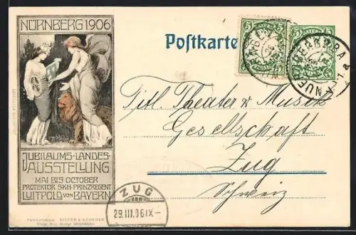 Künstler-AK Nürnberg, Jubiläums-Landes-Ausstellung 1906, Zwei Frauen mit Zahnrad, Wappen und Löwen
