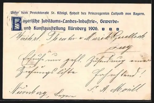 Künstler-AK Nürnberg, Jubiläums-Landes-Ausstellung 1906, Zwei Frauen mit Zahnrad, Wappen und Löwen