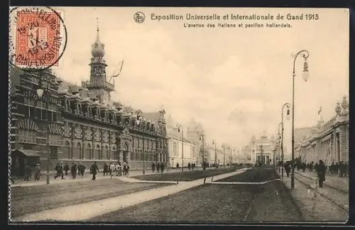 AK Gand, Exposition Universelle et Internationale 1913, L`avenue des Nations et pavillon hollandais
