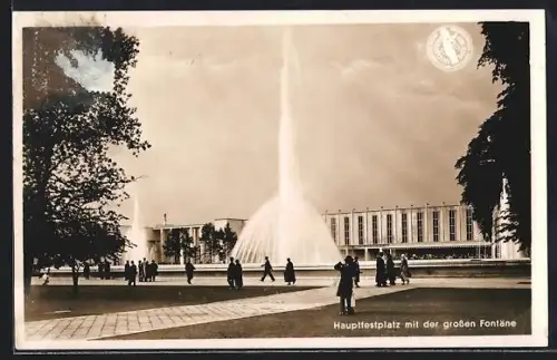 AK Düsseldorf, Grosse Reichsaustellung Schaffendes Volk 1937, Hauptfestplatz mit grosser Fontäne
