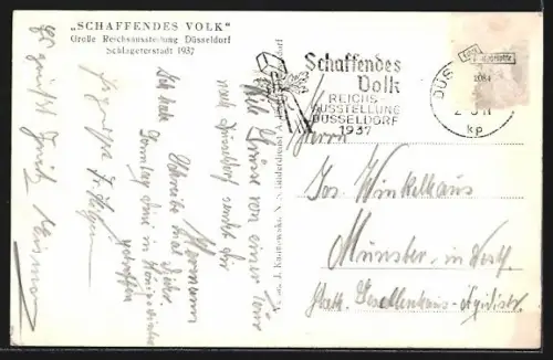 AK Düsseldorf, Grosse Reichsaustellung Schaffendes Volk 1937, Hauptfestplatz mit grosser Fontäne