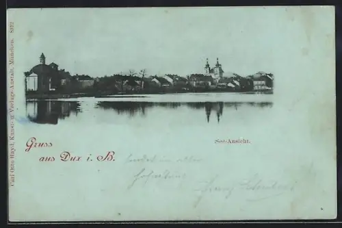 AK Dux i. B., See-Ansicht mit Kirche