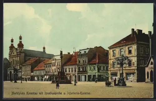 AK Komotau, Marktplatz mit Ignatiuskirche und Infanterie-Kaserne