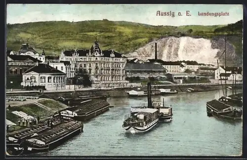 AK Aussig a. E., Landungsplatz mit Dampfer