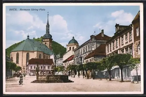 AK Brüx, Hermann Göring-Platz mit Kirche