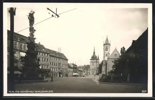 AK Teplitz-Schönau, Schlossplatz mit Kirche und Denkmal