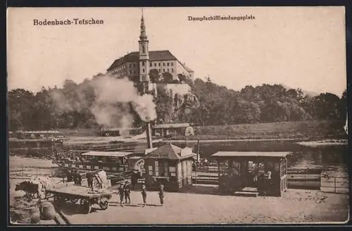 AK Bodenbach-Tetschen, Dampfschifflandungsplatz mit Schloss