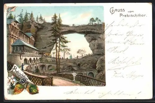 Lithographie Aussig / Usti, Prebischthor, Blick auf Steintorbogen