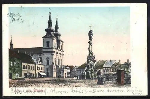 AK Kaaden, Wallfahrtskirche mit Denkmal
