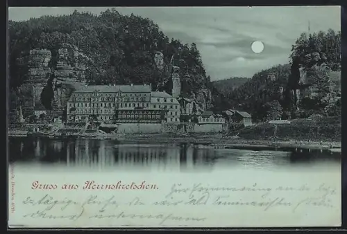 Mondschein-AK Herrnskretschen, Ortspartie mit Felsen