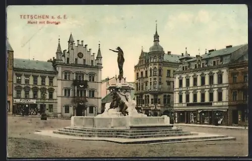 AK Tetschen a. d. E., Markt mit Brunnen