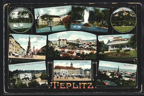 AK Teplitz Schönau / Teplice, Herrenhaus, Schlossplatz, Marktplatz, Theater Café, Schlossberg