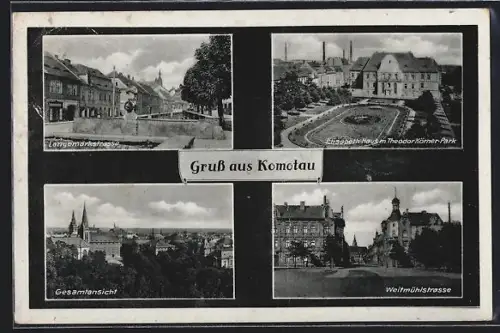 AK Komotau, Elisabeth-Haus mit Theodor-Körner-Park, Langemarkstrasse, Weitmühlstrasse