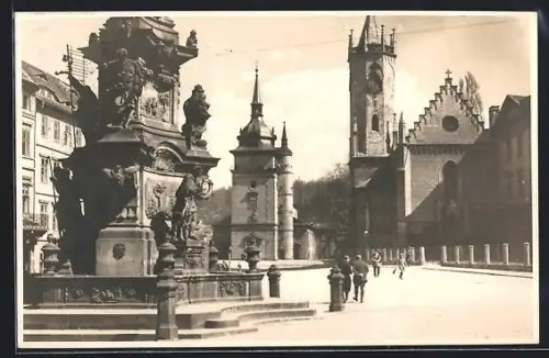 AK Teplitz-Schönau, IV. Deutsch. Juristentag 1929, Dreifaltigkeitssäule am Schlossplatz
