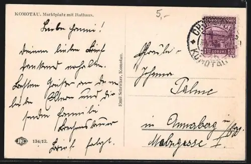 AK Komotau, Marktplatz mit Rathaus