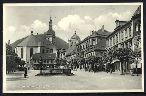 AK Brüx, Hermann Göring-Platz mit Kirche