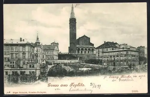 AK Teplitz Schönau / Teplice, Blick zur Evang. Kirche