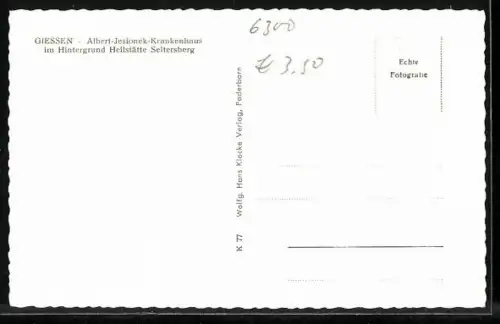 AK Giessen, Albert-Jesionek-Krankenhaus mit Strassenpartie, Im Hintergrund Heilstätte Seltersberg