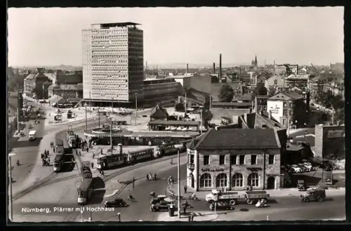 AK Nürnberg, Strassen am Plärrer mit Hochhaus