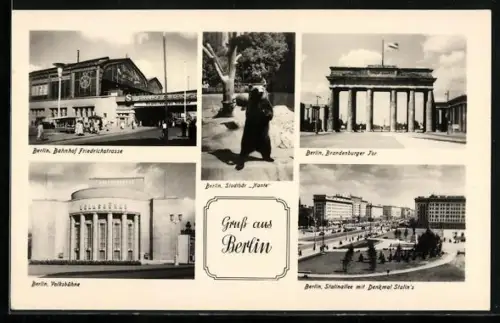 AK Berlin, Brandenburger Tor., Volksbühne, U-Bahnhof Friedrichstrasse