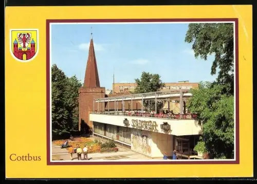 AK Cottbus, HO-Gaststätte am Stadttor mit Wehrturm der alten Stadtmauer
