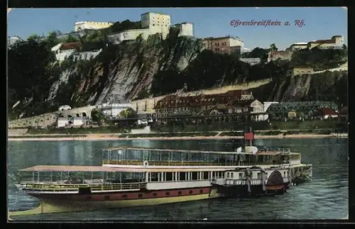 AK Ehrenbreitstein, Passagierdampfer auf dem Rhein, Blick auf den Ort