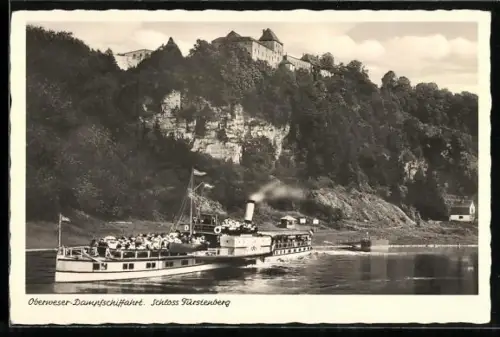 AK Schloss Fürstenberg, Ansicht mit Dampfschiff