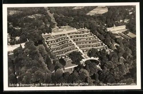 AK Potsdam, Schloss Sanssouci mit Terrassen und historischer Mühle, Fliegeraufnahme
