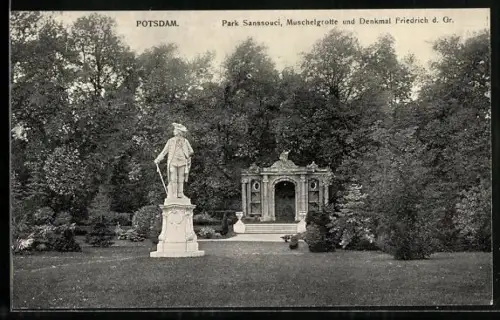 AK Potsdam, Park Sanssouci, Muschelgrotte und Denkmal Friedrich d. Gr.
