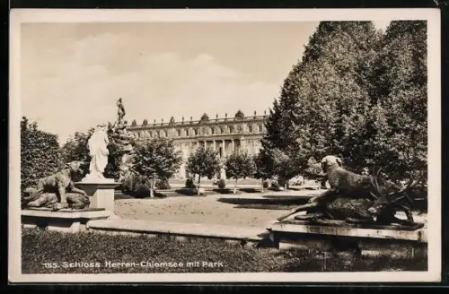 AK Schloss Herren-Chiemsee, Ansicht mit Park, Statuen