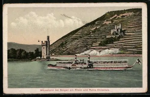 AK Bingen, Mäuseturm und Ruine Ehrenfels, Dampfer