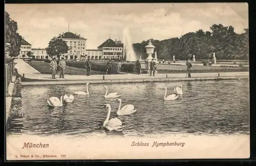 AK München, Schloss Nymphenburg, mit Schwanenteich und Anlage