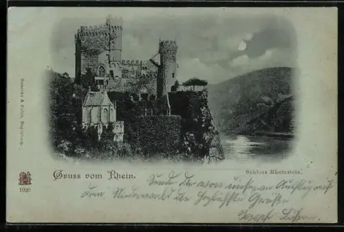 Mondschein-AK Schloss Rheinstein, Ansicht mit Rhein