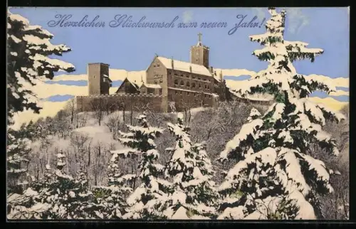 AK Eisenach, Wartburg im Winter, Neujahrsgruss