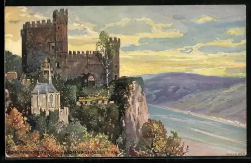 AK Burg Rheinstein, Ansicht mit Rheinpartie im Herbst