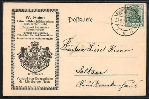 AK Lünzmühlen bei Schneverdingen, Werbekarte für Hoflieferant W. Heino